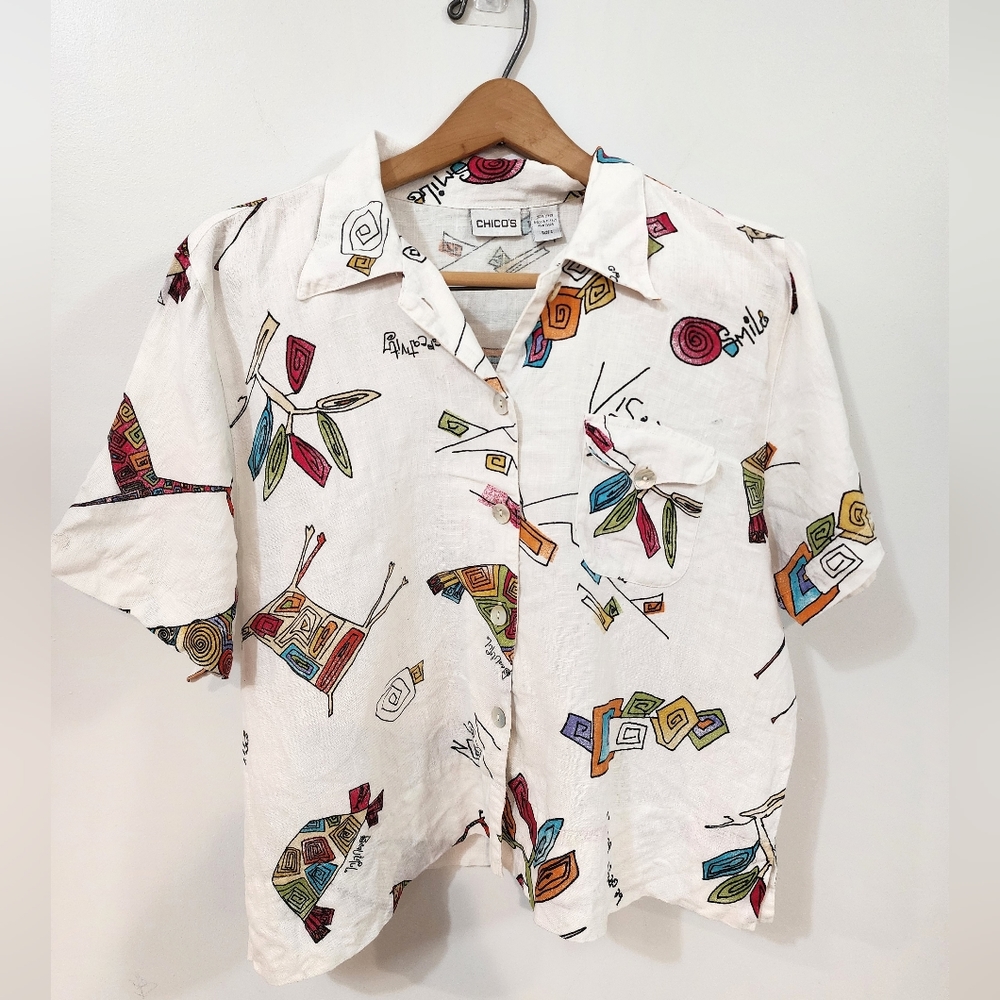 Chico’s 100% Linen Button Down Novelty Print Shirt